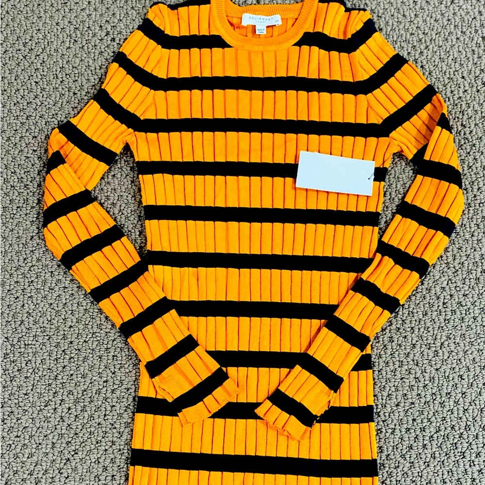NWOT Equipment Ribbed Crewneck Sweater Dress in Yellow and Black Stripe